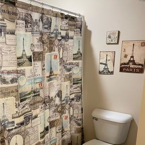 Incl shower curtain, 4 pictures, metal E.Tower & shelf sitter